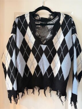 Black and Light Blue Argyle Distressed V-Neck Sweater